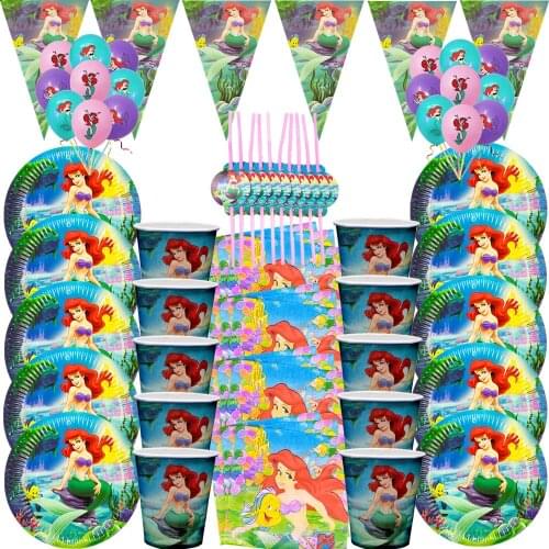 Mermaid Party Disposable Tableware Set Paper Cups Plate Kids Girl Birthday Party Decorations Mermaid Balloons Baby Shower Favors