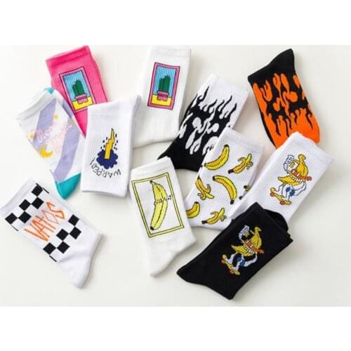 Korean Harajuku Kawaii Funny Women Socks Cartoon Banana Cactus Moon Flame CrewSock Fashion Hip-hop Letter Stripe Socks