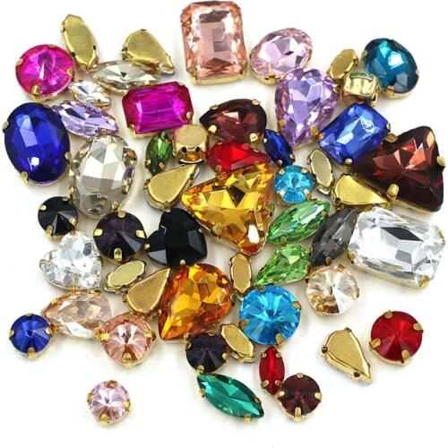 New arrival mixed shape crystal glass rhinestones gold base sew on rhinestones for clothing earring necklace accessories