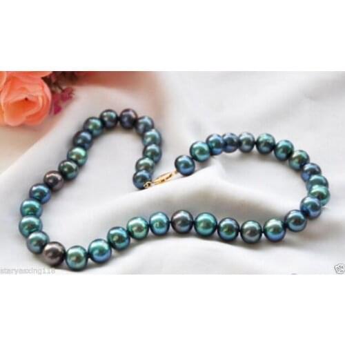 New 14K 9-10mm PEACOCK BLACK ROUND Freshwater cultured PEARL NECKLACE 18