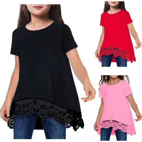 5T-10T) Girls' Dress Summer Short Sleeve Casual Loose Simple Pure Color Splicing Lace Dress Big Kids платья для девочек 50