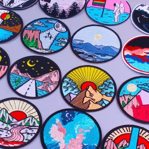 Mountain Sun Star Night Patch Embroidered Patches For Clothing Adventure Camping Outdoor Iron On Patches For Clothes Appliqu DIY
