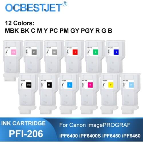 PFI-206 PFI206 Refillable Ink Cartridge With Permanent Chip For Canon iPF6400 iPF6400S iPF6450 iPF6460 12Colors/Set 300ML