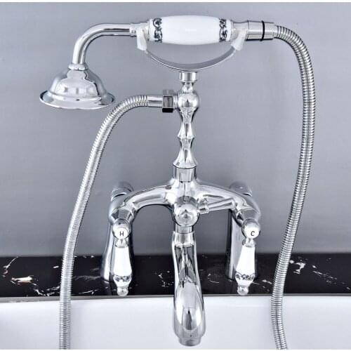 Polished Chrome Deck Mounted Bathroom Tub Faucet Dual Handles Telephone Style Hand Shower Clawfoot Tub Filler atf762