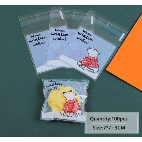 100pcs/lot Cookies Self Adhesive Bag Blue Bottom Cute Polar Bear Snow Homemade Handmade Soap Biscuits Birthday Party Gift Bag