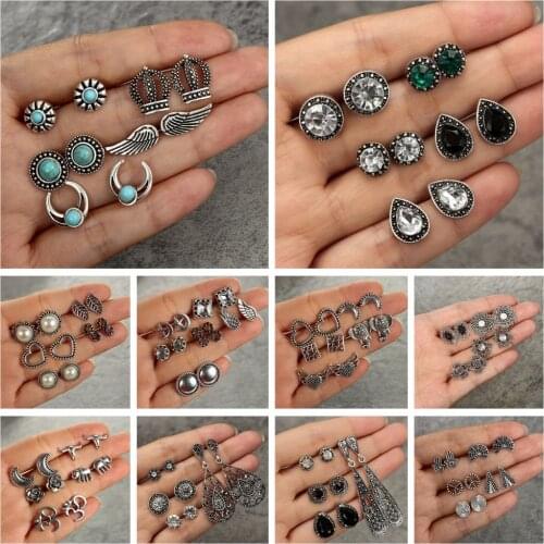 HuaTang Vintage Antique Silver Color Earring Set Geometric Flower White Black Rhinestone Pericing Stud Earring Jewelry Statement