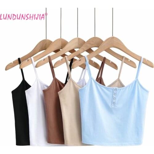 LUNDUNSHIJIA 2021 Summer Streetwear Sexy Womens Four Metal Buttons Top Elastic Cotton Sleeveless Camisole Tube Tops