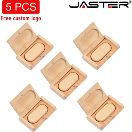 JASTER 5 PCS/LOT USB Flash Drive Wooden Box Pen drive 4GB 8GB 16GB Wood USB2.0 Free custom logo 32GB 64GB Memory Stick for Gift