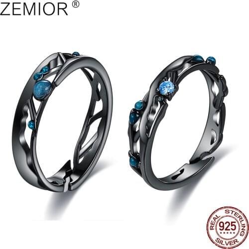 ZEMIOR Black Couple Ring For Women Bright Cubic Zirconia Adjustable Ring Sterling Silver 925 Jewelry Vintage Bohemian Retro Gift
