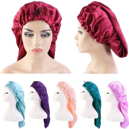 Women Elastic Band Satin Sleep Night Cap Long Sock Baggy Tube Bonnet Beauty Hair Care Caps Wraps Headcover Protect Adjustable