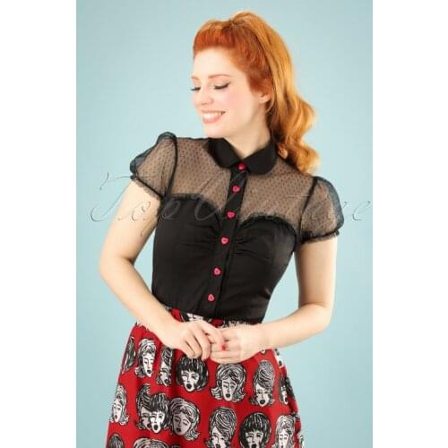 30- women vintage 50s mesh see through shirt in black with red heart buttons ruffles detail plus size top pinup rockabella style