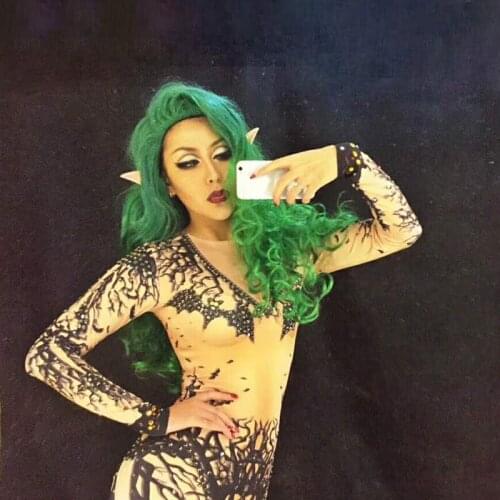 2020 Women Rhinestone Sparkly 3D Black Printed Sexy Jumpsuit Party Celebrate Clothing Nightclub Singer Performance Stage Wear