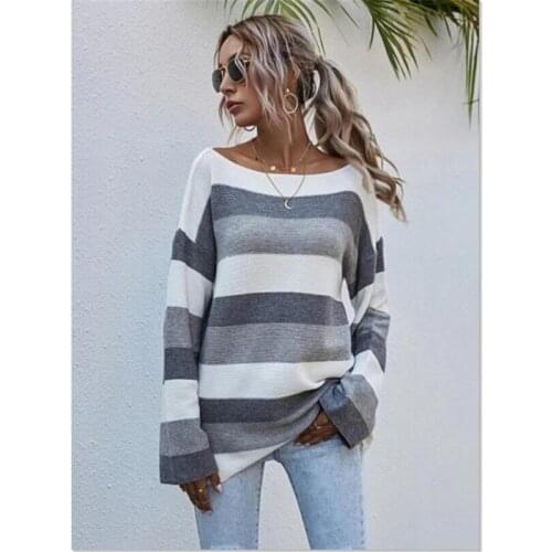 Autumn Womens Striped Sweater Long Sleeve Drop Shoulder Round Neck Pullover Loose Oversized Top Ladies Fashion Street Wear