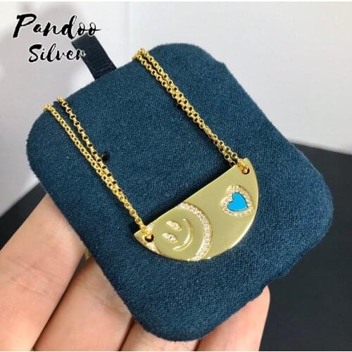 PANDOO Silver Happy Face Plaque Necklace For Women Gift With Original Logo ,High Quality S925 Sterling Silver Jewelry 1:1 Copy