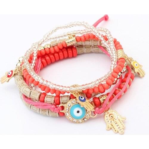 2021 Fashion Multilayer Beaded Bracelets Geometric Eyes Palm Pendant Charm Bracelets & Bangles Set For Women Boho Pulseras Mujer