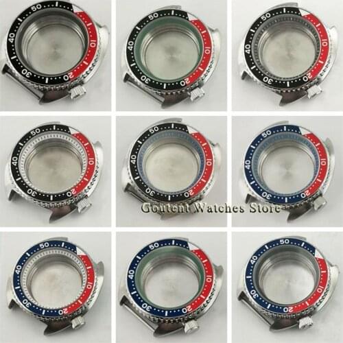 45mm Watch Case Crown at 4 o'clock sapphire glass blue/black red bezel fit NH35 NH36 movement
