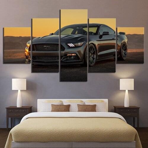 5 Piece HD Luxury Car Black Ford Mustang Car Poster Decorative Paintings Landscape Art Canvas Paintings framework