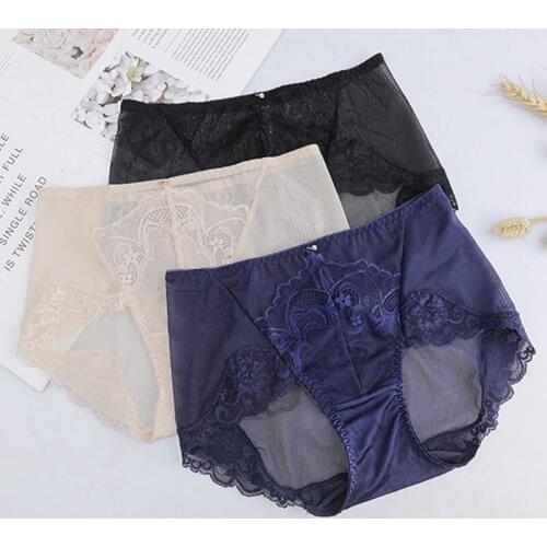 Birdsky, 3pcs 100% natural mulberry silk Women briefs panties underwear, sexy lace mesh, mid waist, quick dry, 3 colors. OR-34