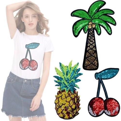 Big Sequins Embroidery Patches Cherry Iron on Patch Pineapple Stickers Thermo Adhesive Coconut Appliques Bags Tshirt DIY Sewing