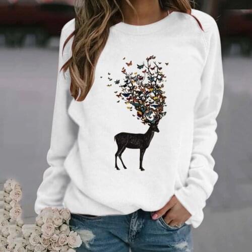 Elk Print Long Sleeve T-Shirts Women Autumn Winter Shirts Women Cotton Graphic Tees Aesthetic White O Neck Pullover Tops Female