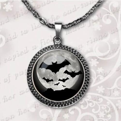 Halloween Bat necklace Full Moon pendant Halloween Trick or Treat jewelry Glass Dome Pendant Necklace A-041-2 HZ1