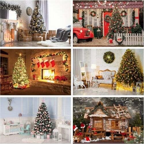 Laeacco Christmas Tree Gift Trojan Balls Nightstand Modern Living Room Decro Wooden Floor Photo Backdrop Background Photo Studio