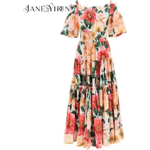 Janeyiren Fashion Designer Cotton Dress Summer Womens dress Elastic waist Camellia Floral Print Beach Vacation Cotton Dresses