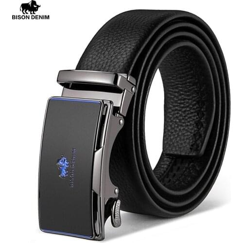 BISON DENIM New Fashion Men Belt Cowskin Leather Business Automatic Buckle Belt Cowhide for Jeans Men Design High Quality N71654
