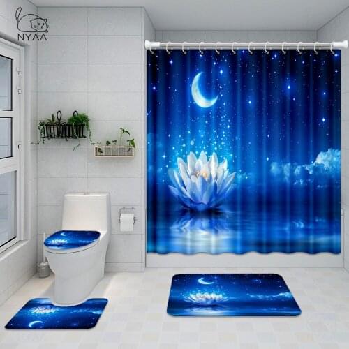 NYAA Lotus Flowers & Star Moonlight Shower Curtain Sets Non-Slip Rugs Toilet Lid Cover And Bath Mat Waterproof Bathroom Curtains