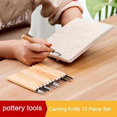 Pottery tools 12-piece carving set Sculpture knife Wood carving knife Engraved chapters, lettering and flowers Craft Supplies