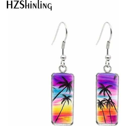 2021 New Coconut Tree Rectangular Earring Tropical Art Photo Fish Hook Earrings Glass Cabochon Handmade Jewelry