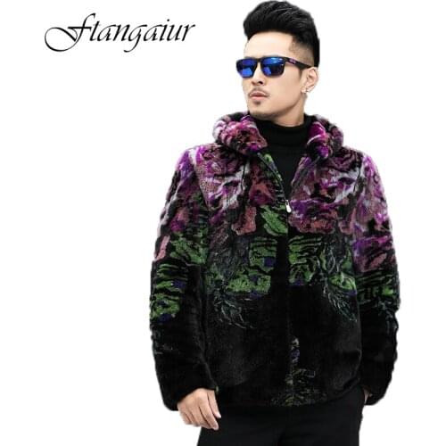 Ftangaiur 2020 Winter New Men Import Mink Fur Coat With Fur Hood Print Mink Coats Mens Short Smart Causal Real Mink Fur Coats