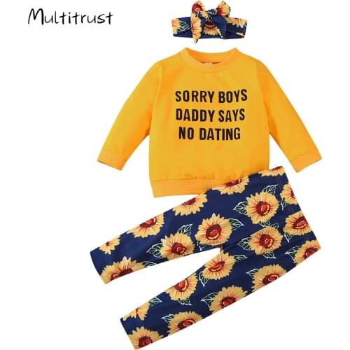 Toddler Girl Clothes 2020 Baby Sweater + Trousers + Bow Headband 3pcs Flower Print Casual Suit Loose Spring Clothing