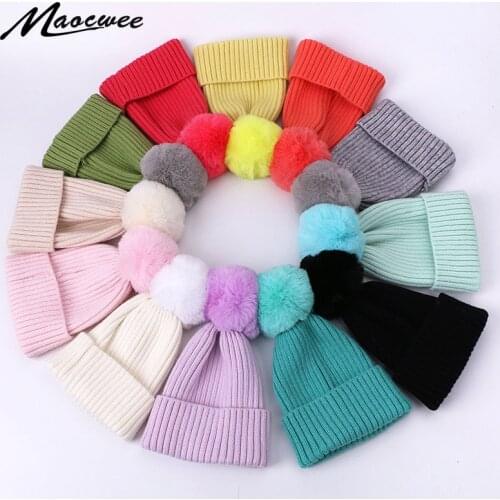 Solid Color Knitted Cotton Caps Childrens Autumn And Winter Kids Warm Pompoms Ski Hats Boys And Girls Universal Faux Fur Beanie