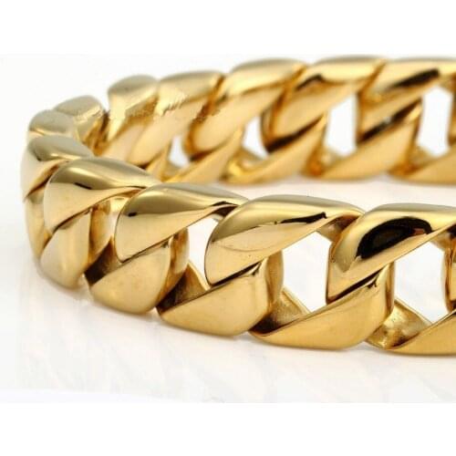Wholesale Hot Selling Punk Gothic Mens Jewelry Gold Stainless Steel 8.66" 15mm Cuban Curb Chain Bracelet
