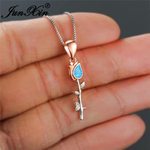 Unique Lovers Rose Flower Pendant Blue White Fire Opal Necklaces For Women White Gold Rose Gold Valentine Plant Wedding Necklace