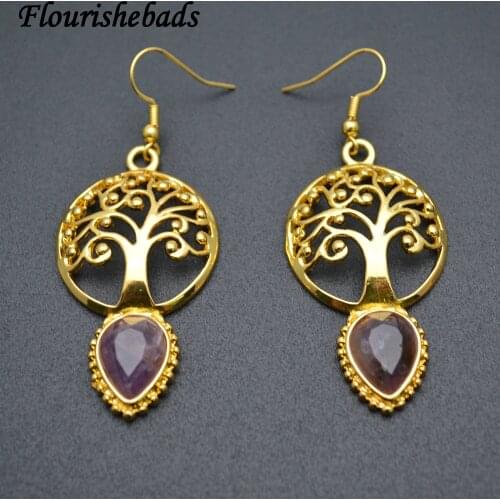 Christmas Gift Metal Life Tree Charm Natural Amethyst Drop Beads Dangle Earrings Party Energy Crystal Healing Jewelry