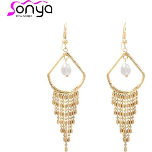 Trendy Fashion Metal Tassel Earrings Long Temperament Verstile Water Drop Pearl Earring Accessory Elegant Droopy Earring ET1413