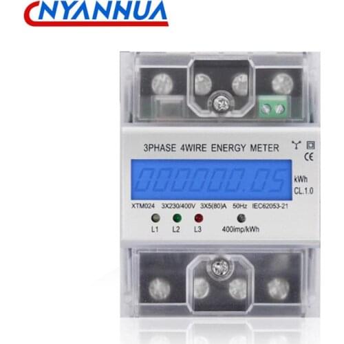 Three Phase 4 Wires Din Rail Programmable Energy Meter With Backlight 4P Rail Meter AC KWH LCD Display