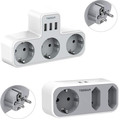 TESSAN Compact Power Strip with 5V/2.4A USB Ports and 3 European Outlets Electrical Plug Extension Socket 110~250V 3600W