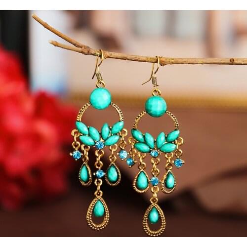 Vintage Ethnic Blue Rhinestone Acrylic Drop Earrings for Women Boho Antique Gold Color Long Geometric Earrings Jewelry Gift