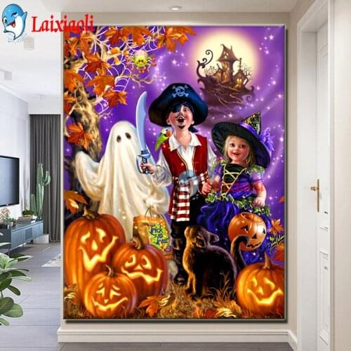 Funny kids Diamond Embroidery Halloween Cross Stitch Kit 5D Diamond Painting pumpkin lantern full Rhinestones Cartoon Decor Home