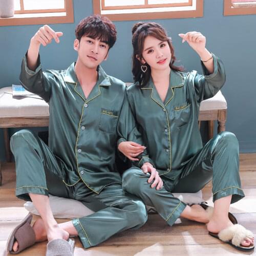 Green Satin Couples Pajamas Set For Women Men Long Sleeve Sleepwear Pyjamas Suit Home Clothing His-and-hers Clothes Pijamas