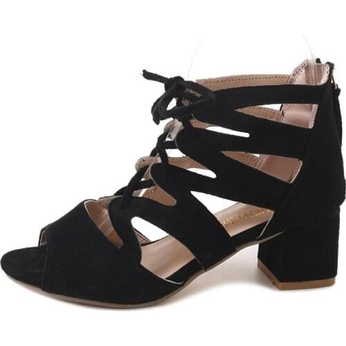 2021 New Summer Women Sandals High Heel Flock Cross Straps Fish Mouth Hollow Shoes with Lace Strap Roman Sandals