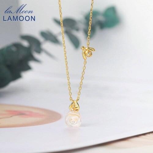 LAMOON 925 Sterling Silver Necklace For Women Rose & Bee Pendant Rose Quartz Gemstone 14K Gold Plated Fine Jewelry LMNI106