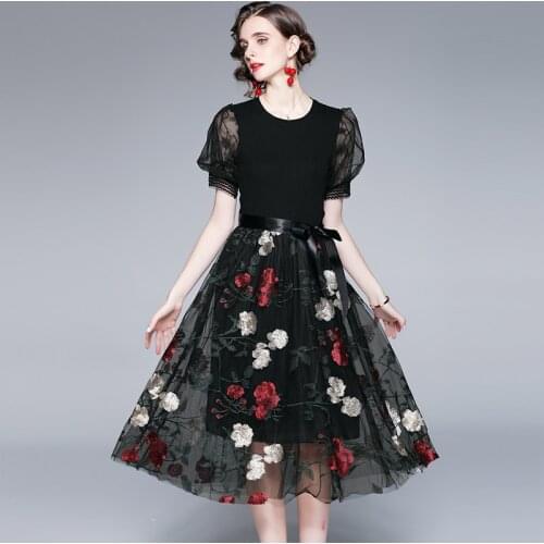 New 2021 Autumn Fashion Elegant Dresses For Women Puff Sleeve Knitted Patchwork Mesh Flower Embroidery Casual Slim Midi Dress
