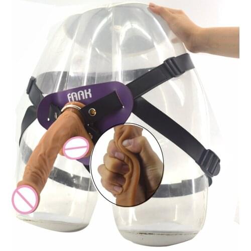 FAAK Realistic Dildo Leather Strap on Penis for Women Lesbian Couples Double Layer Silicone Strapon Dildo Suction Sex Products