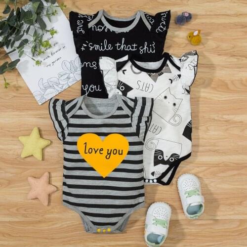Babys Rompers, 3 Pcs Stripe Cartoon Animal Letter Print Round Neck Flying Sleeve Bodysuits for Birthday Party