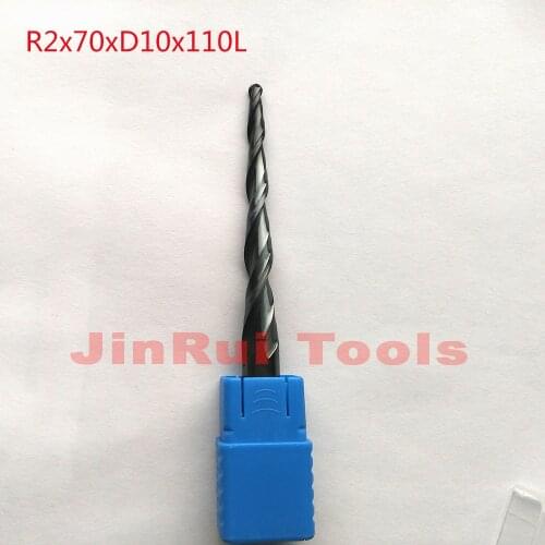 1pc R2*D10*70*110L*2F HRC55 Tungsten solid carbide Coated Tapered Ball Nose End Mills CNC milling cutters knife