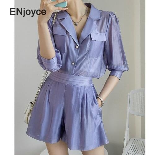 Summer Fashion Purple Tencel Thin Suit Sets Women Short Sleeve Shirt Tops and Shorts Two Pieces Sets Ladies Elegant Workwear